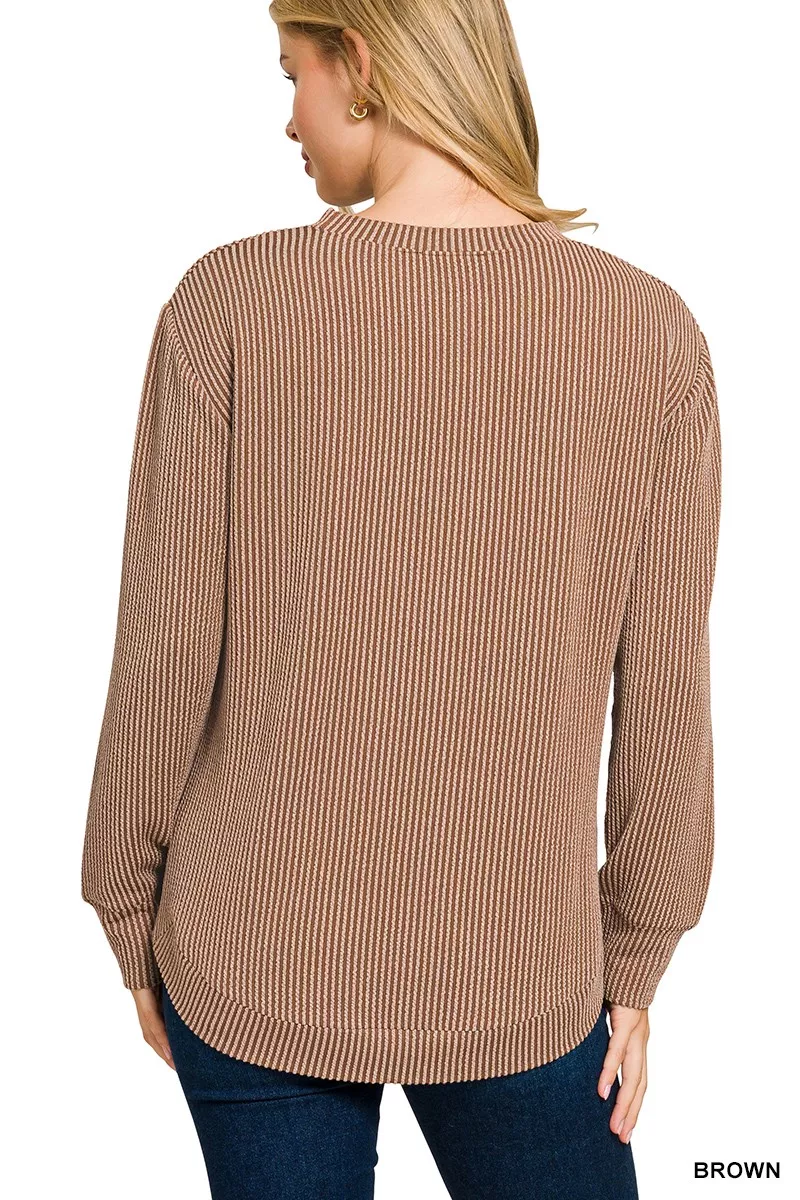Full Size Raised Rib Round Neck Long Sleeve Top Plus Size, image 3