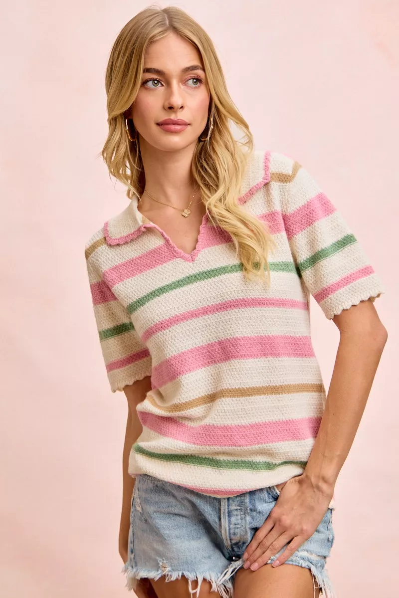 Multi Colors Stripes Collared Knit Top, image 4