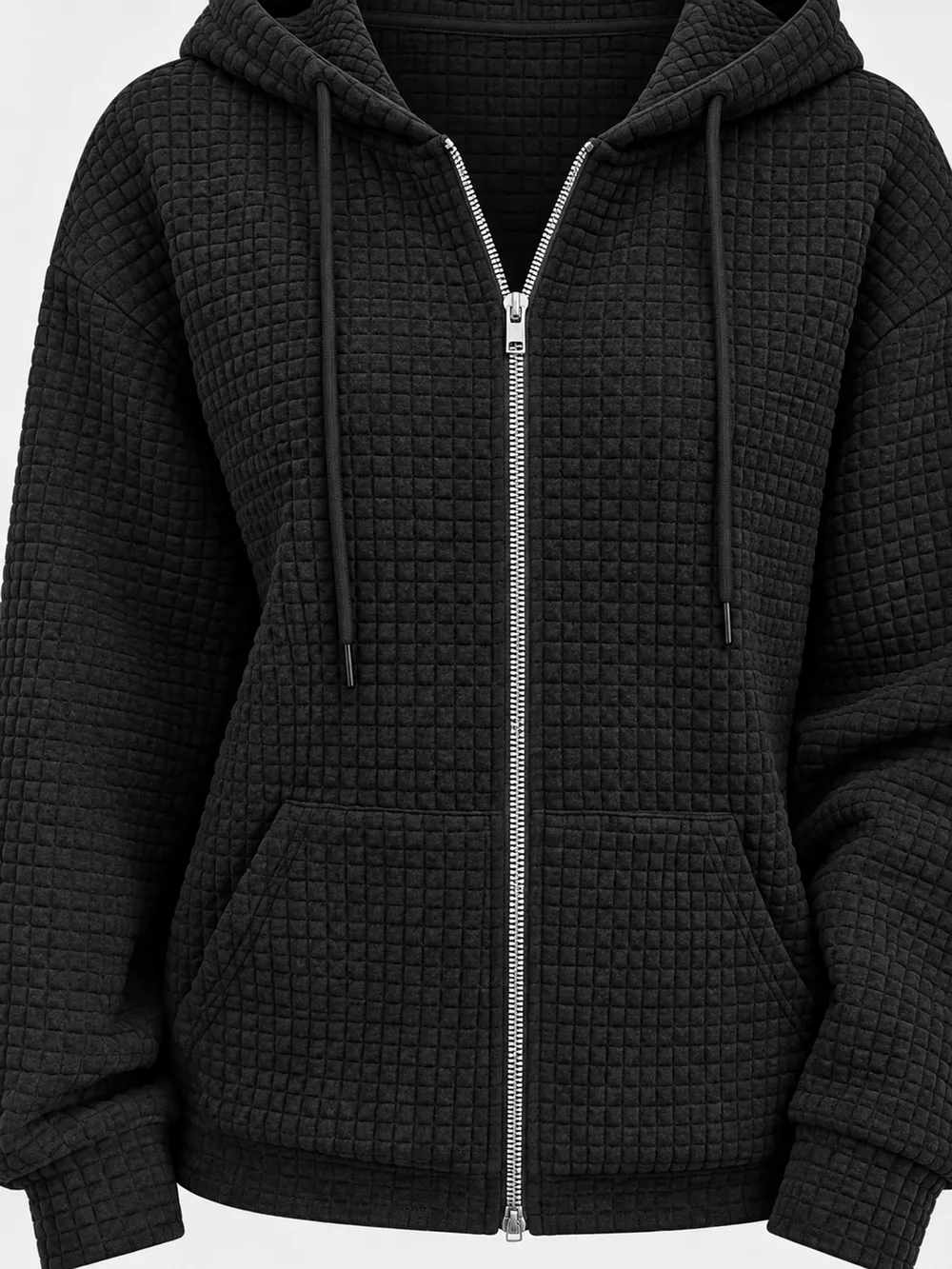 Waffle Knit Zip-Up Hoodie with Drawstring and Pockets, image 5