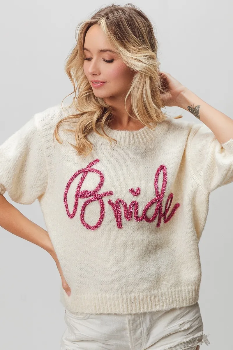 Metallic Letter Short Puff Sleeve Hairy Sweater, image 8