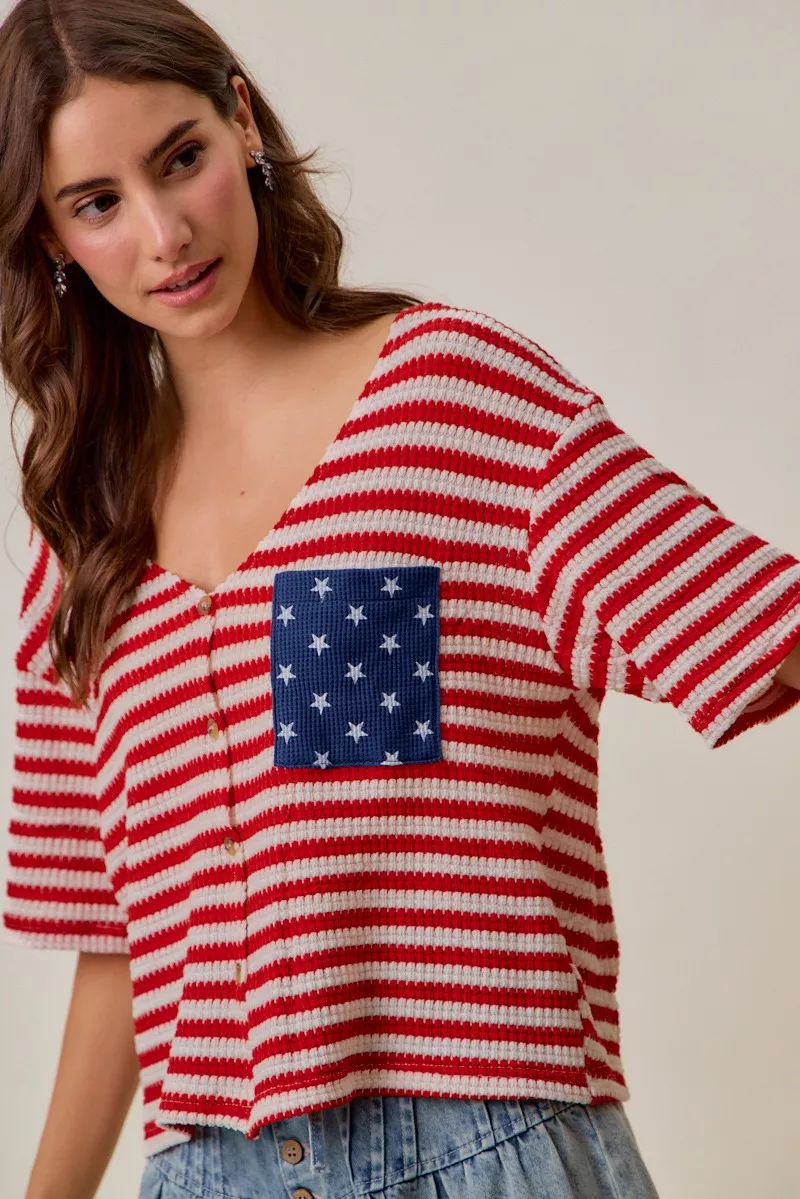 Stripe Waffle Knit Fourth Of July Cardigan Top, image 3