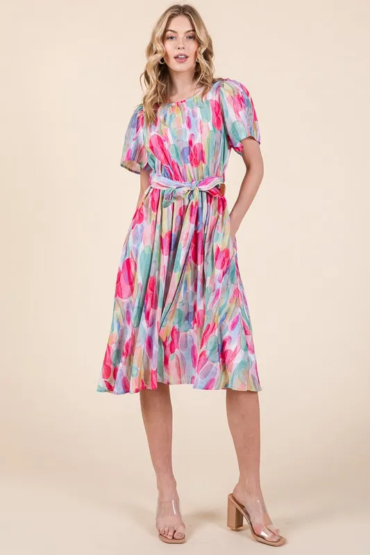 Watercolor Print Tie Front Midi Dress, image 3