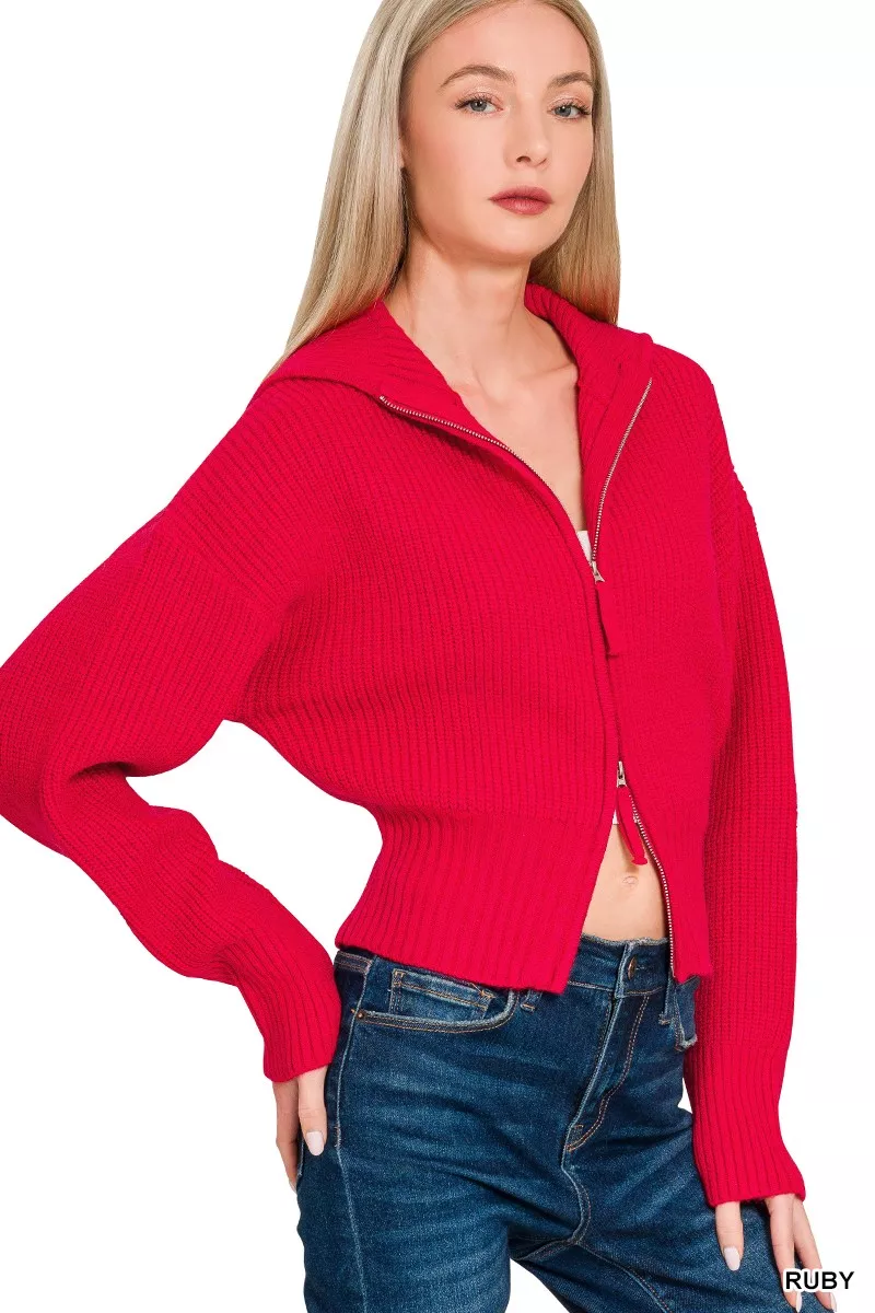 Ribbed Collared Zip Up Sweater Cardigan, image 2