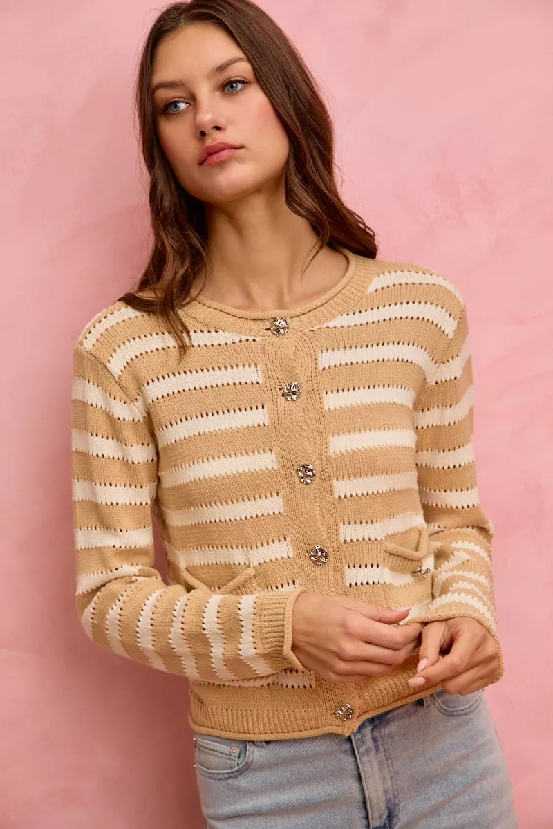 Stripe Long Sleeves Button Sweater Cardigan, image 21