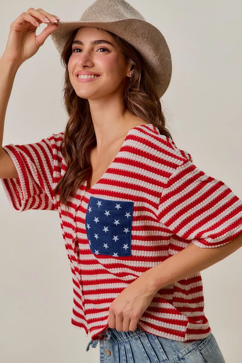 Stripe Waffle Knit Fourth Of July Cardigan Top, image 4