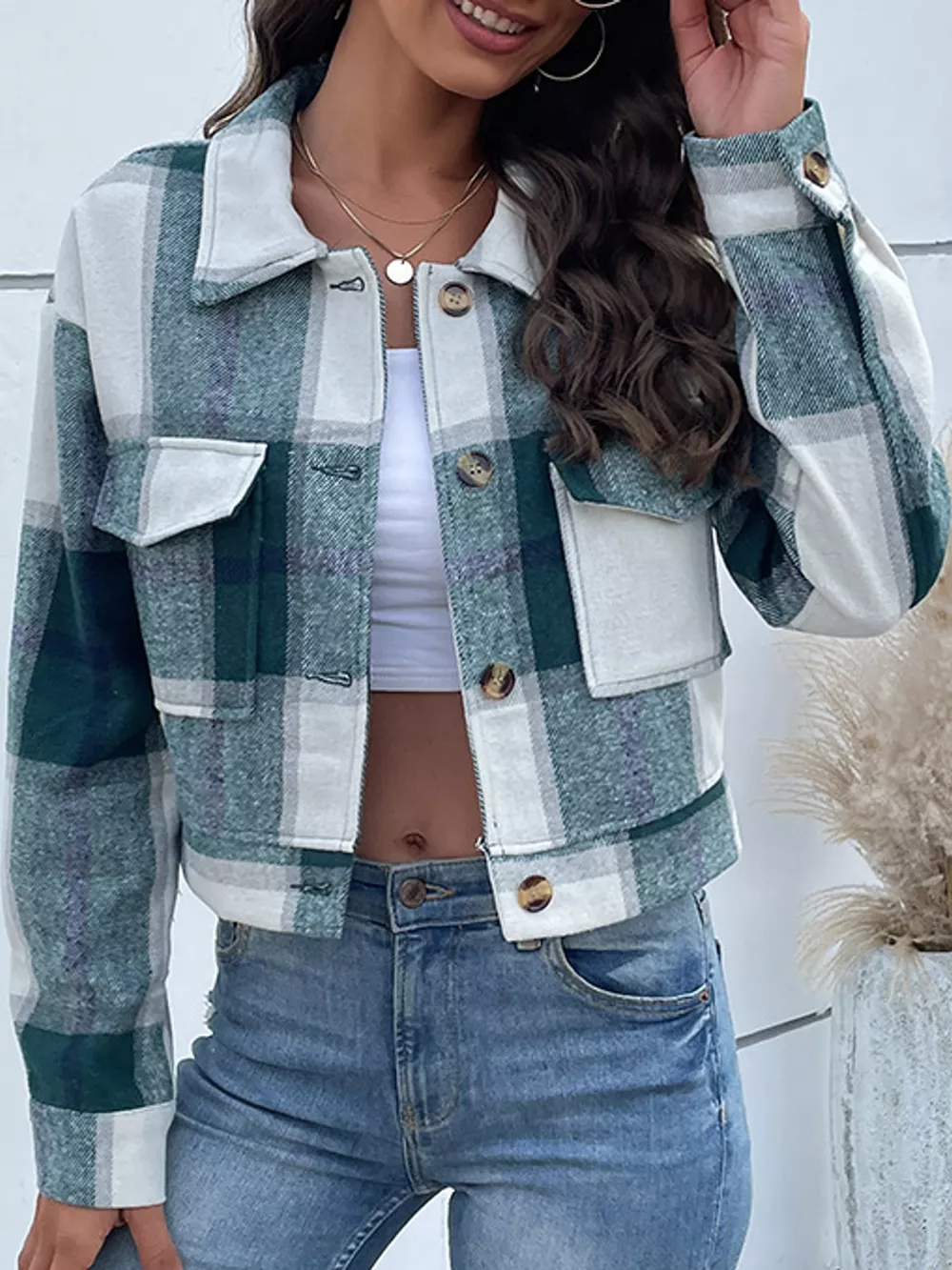 Plaid Button-Front Cropped Jacket, image 18