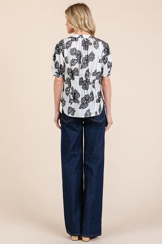 Embroidered Split Neck Puff Sleeve Blouse, image 3