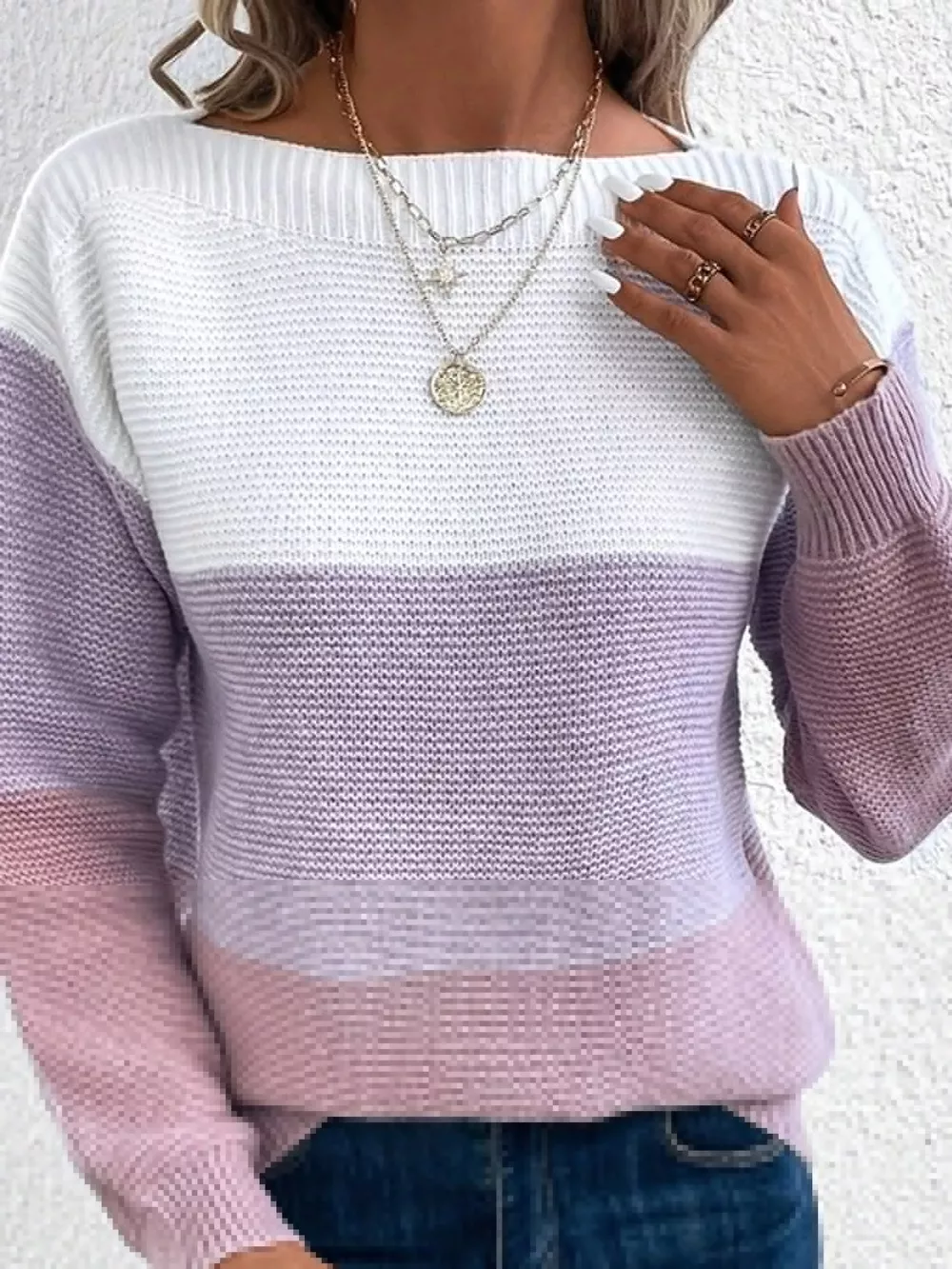 Full Size Color-Block Boat Neck Sweater Plus Size, image 31