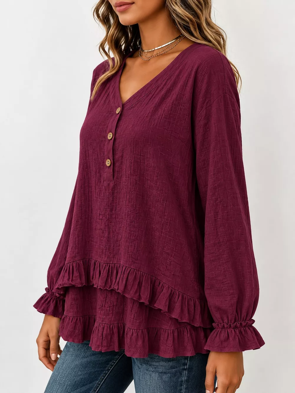 V-Neck Long Sleeve Ruffled Hem Blouse, image 11