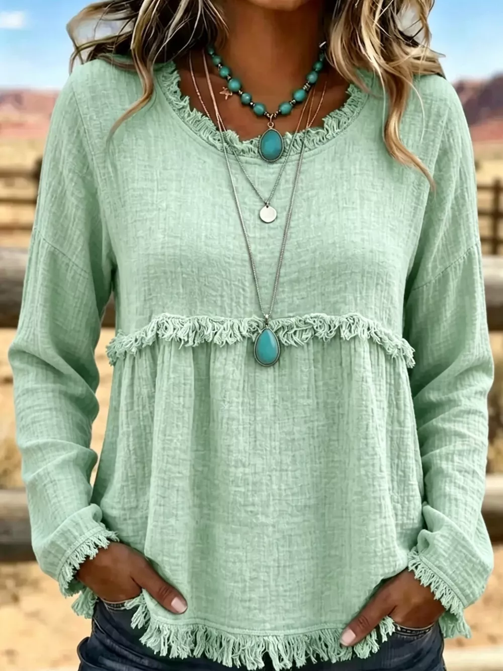 Full Size Frayed Hem Textured Blouse Plus Size, image 24
