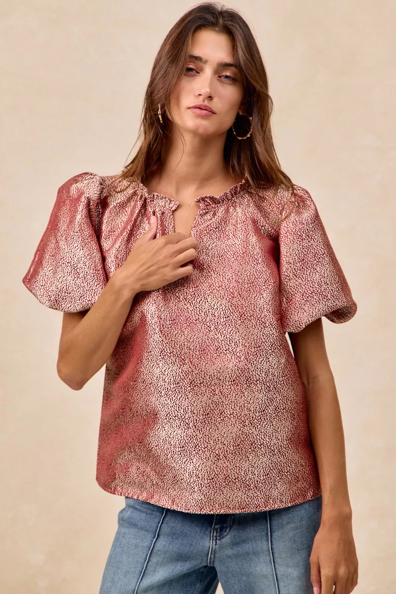 Jacquard Woven Short Balloon Sleeves V Neck Top, image 9