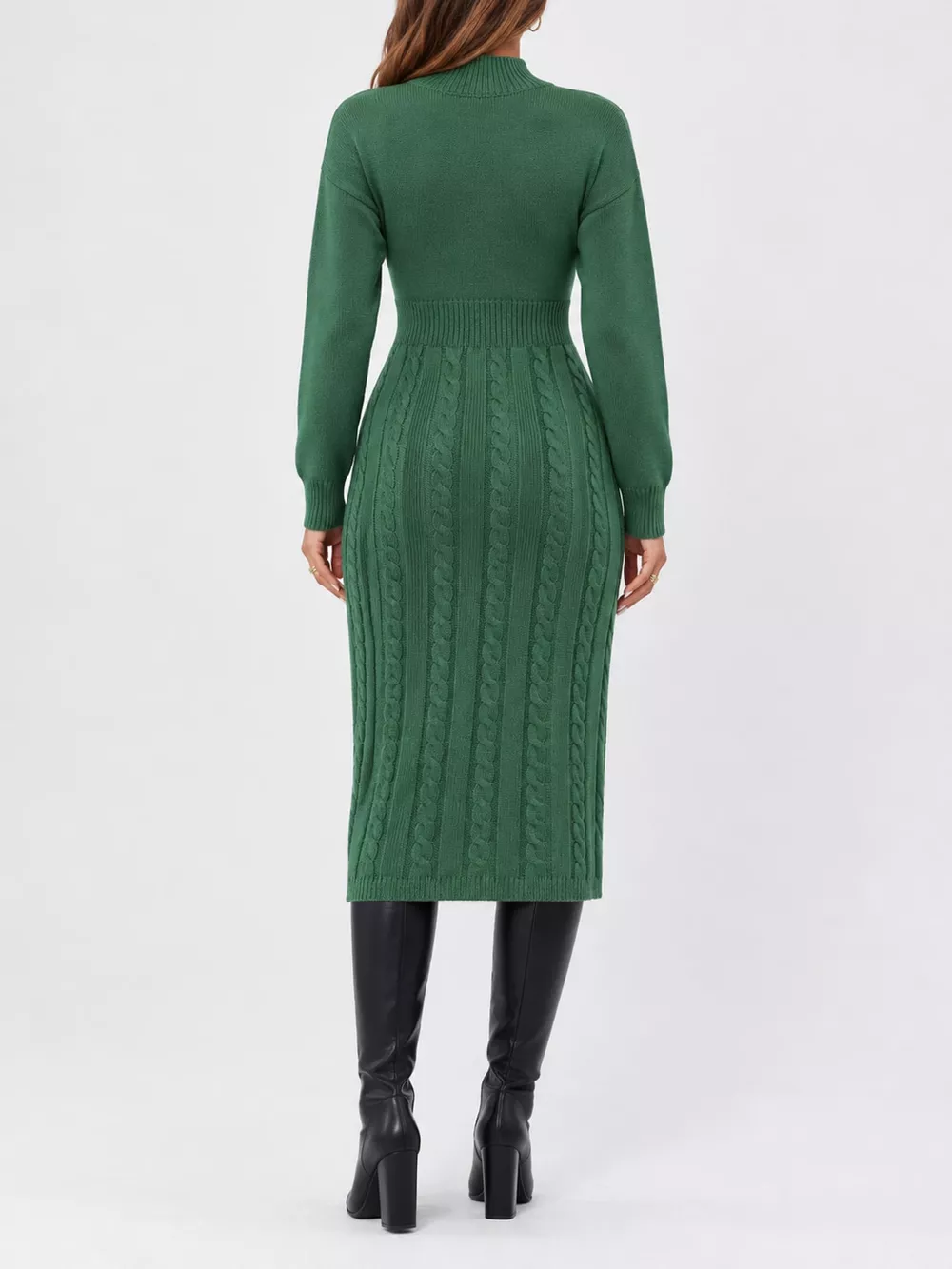 Full Size Mock Neck Cable Knit Sweater Dress with Front Slit Plus Size, image 28