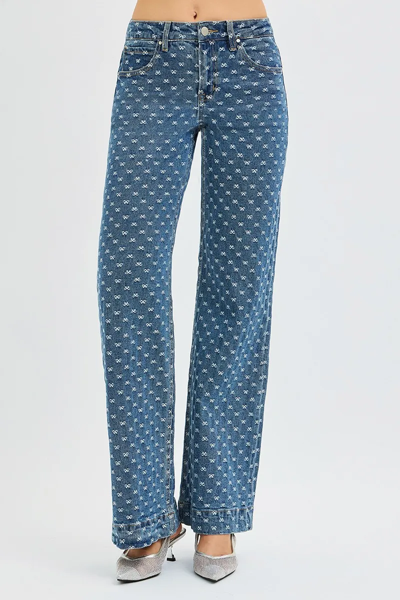 High Rise Wide Leg Bow Embroidered Jeans, image 2