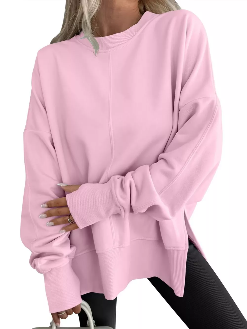 Oversized Crew Neck Sweatshirt with Side Slit, image 36