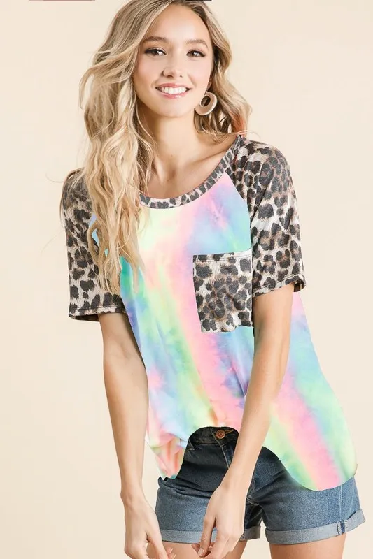 Tie Dye Knit Top with Leopard Raglan Sleeves, image 4