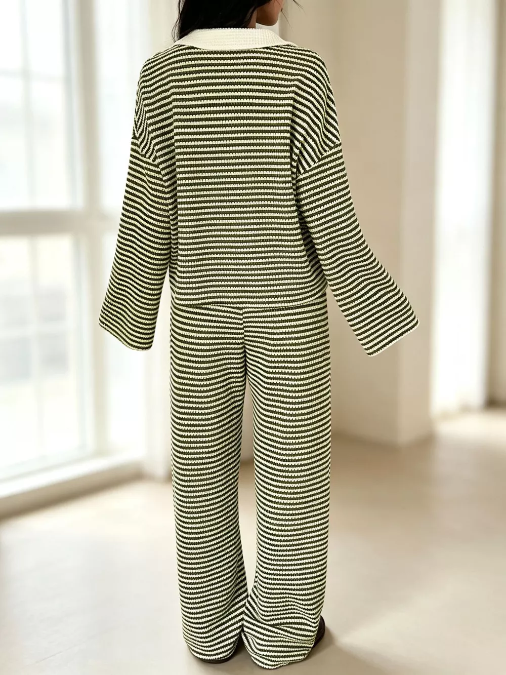 Striped Long Sleeve Polo and Wide-Leg Pants Set, image 13