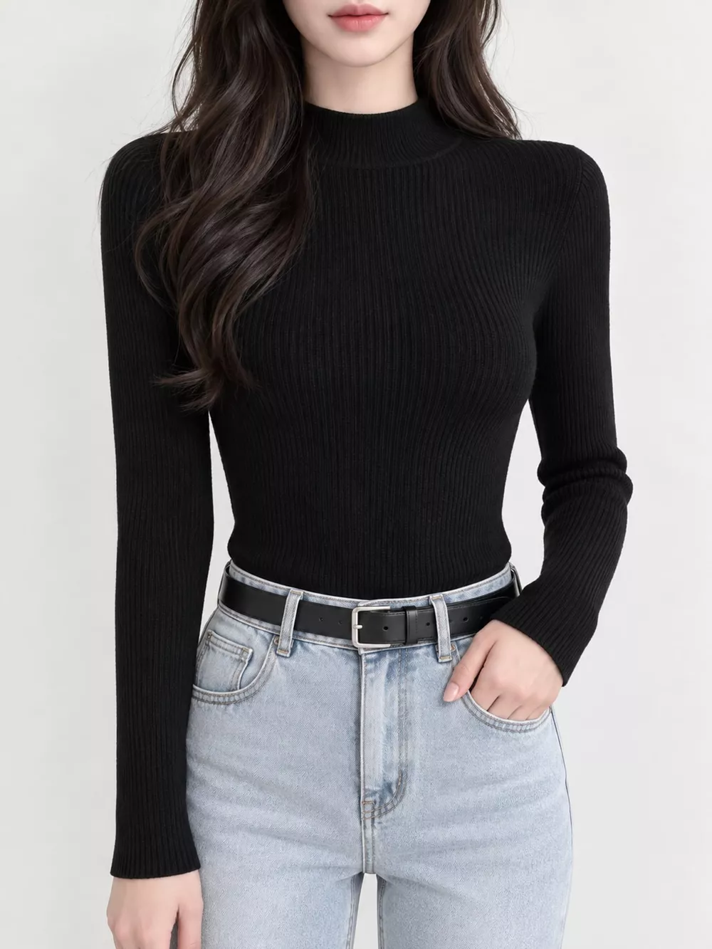 Elegant Slim-Fit Ribbed Mock Neck Knit Top, image 12