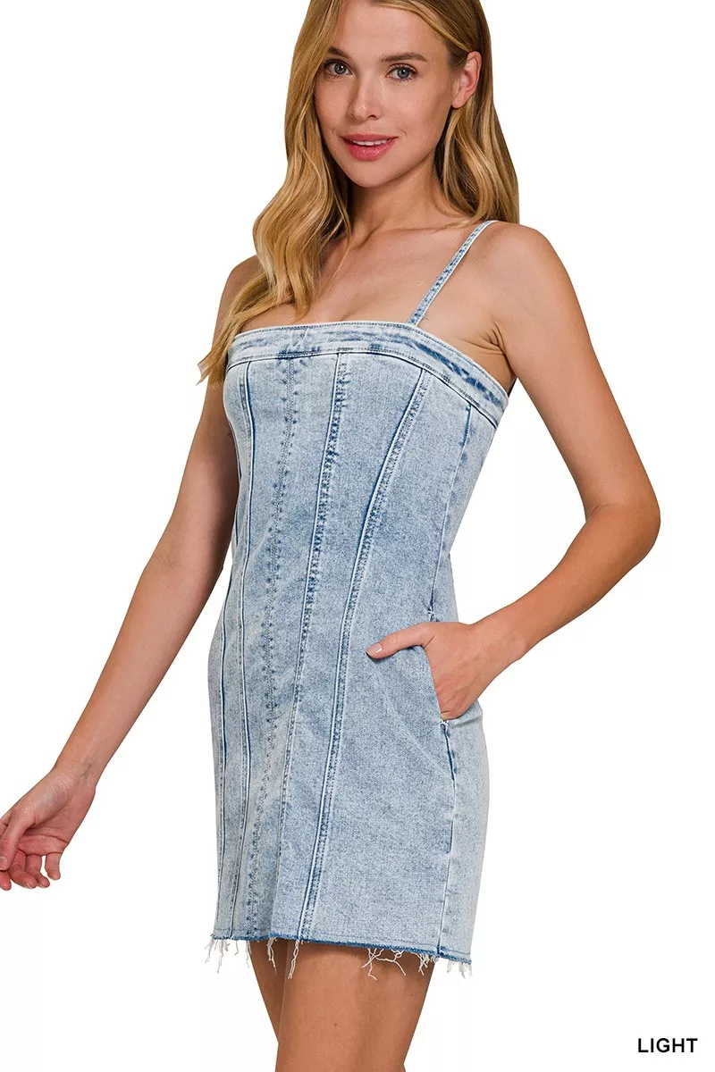 Spaghetti Strap Exposed Seam Light-Wash Dress, image 3