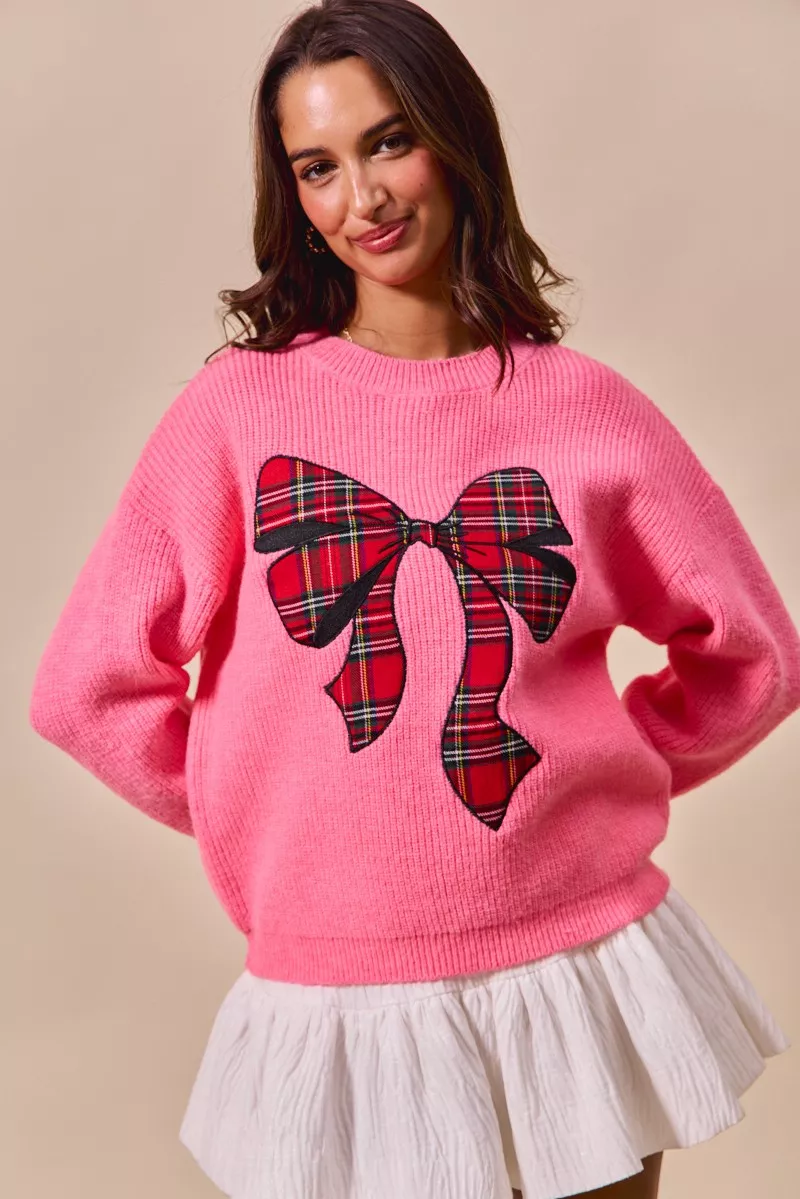 Checker Plaid Ribbon Christmas Holiday Sweater, image 5