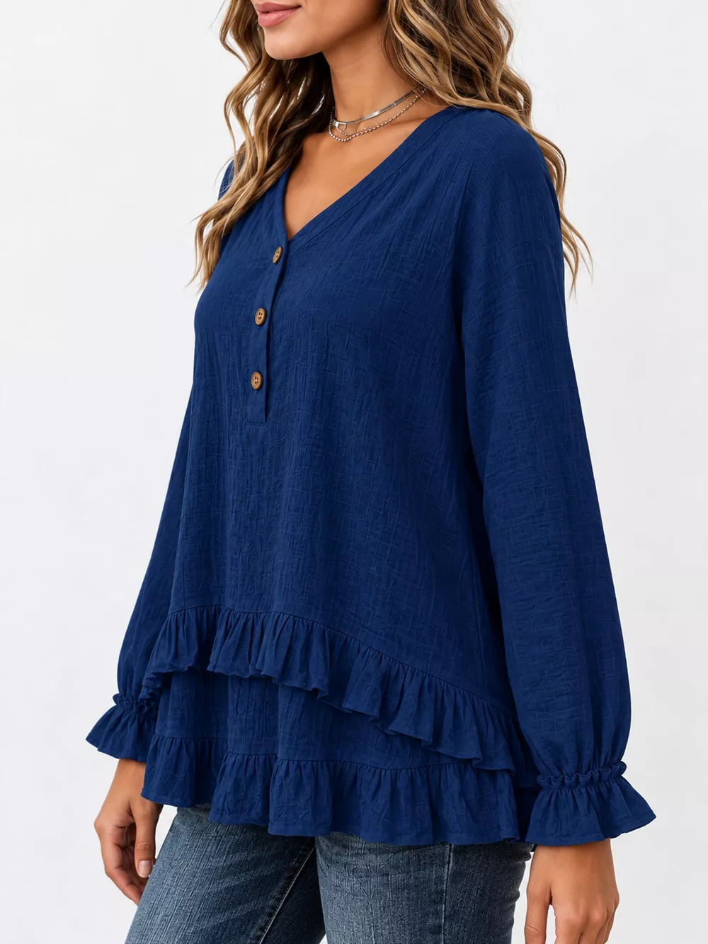 V-Neck Long Sleeve Ruffled Hem Blouse, image 18