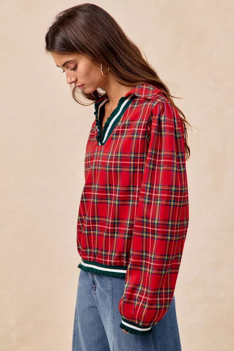 Christmas Plaid Collared Top with Ruffled Detail, image 9