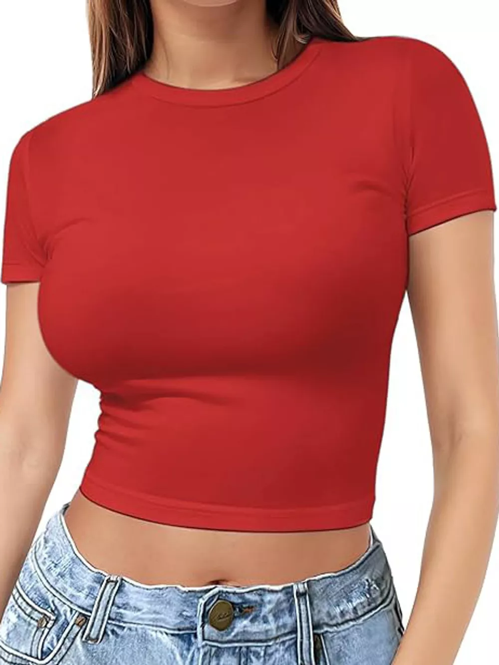 Slim Fit Basic Crew Neck Short Sleeve Crop T-Shirt, image 37