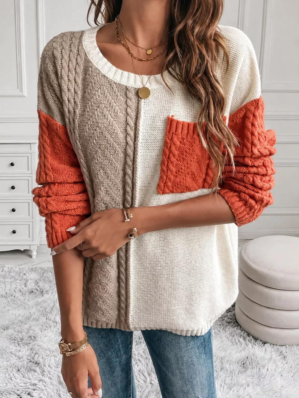 Color Block Cable Knit Sweater