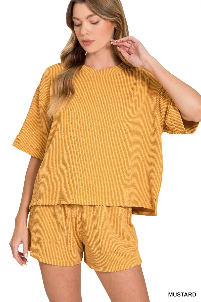 Raised Rib Short Sleeve Tee and Drawstring Shorts Set