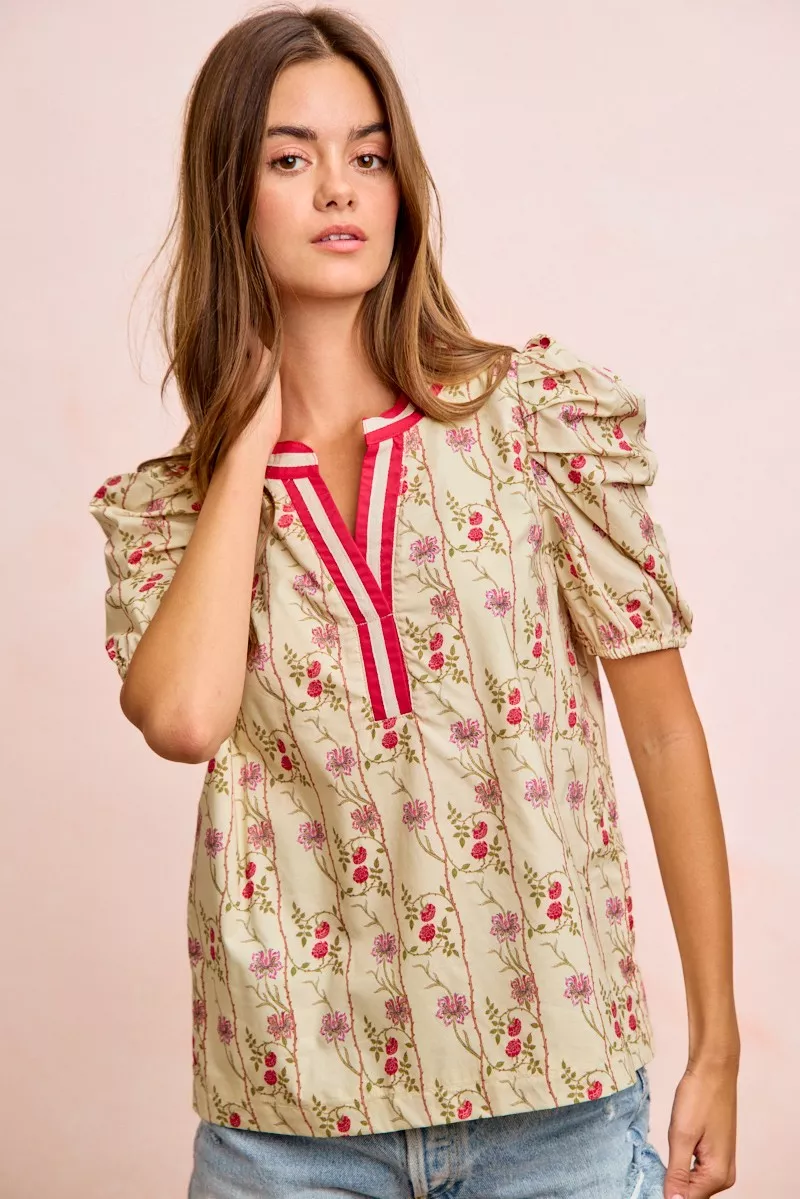 Floral Gather Sleeves Contrast Neckband Blouse Top, image 6
