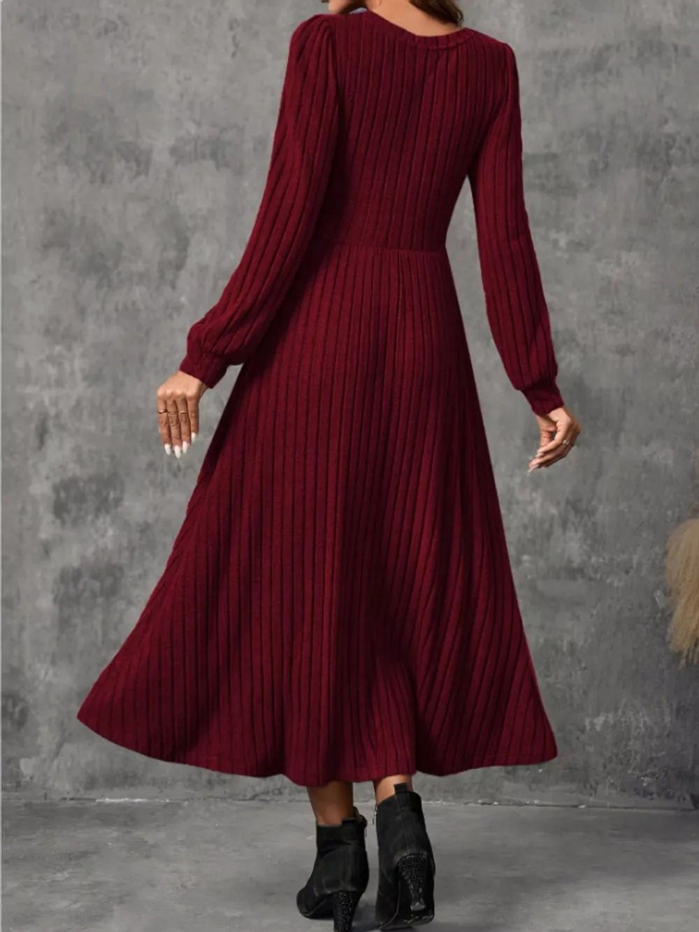 Ribbed Knit Long Sleeve A-Line Midi Dress, image 13
