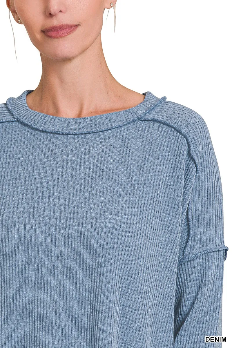 Ribbed Drop Shoulder Round Neck Sweater, image 2