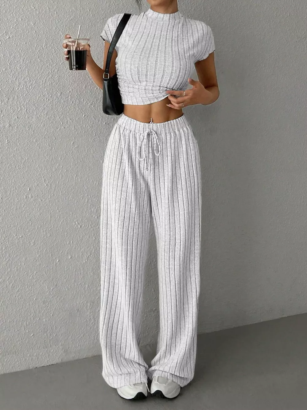Ribbed Knit Top and Wide Leg Pants Set, image 4