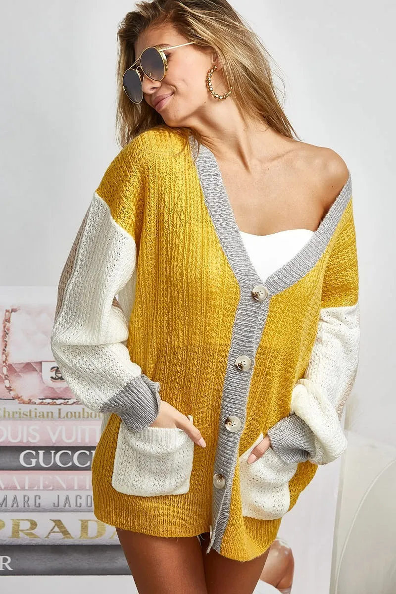 Color Block Sweater Cardigan with Button Closure, image 2