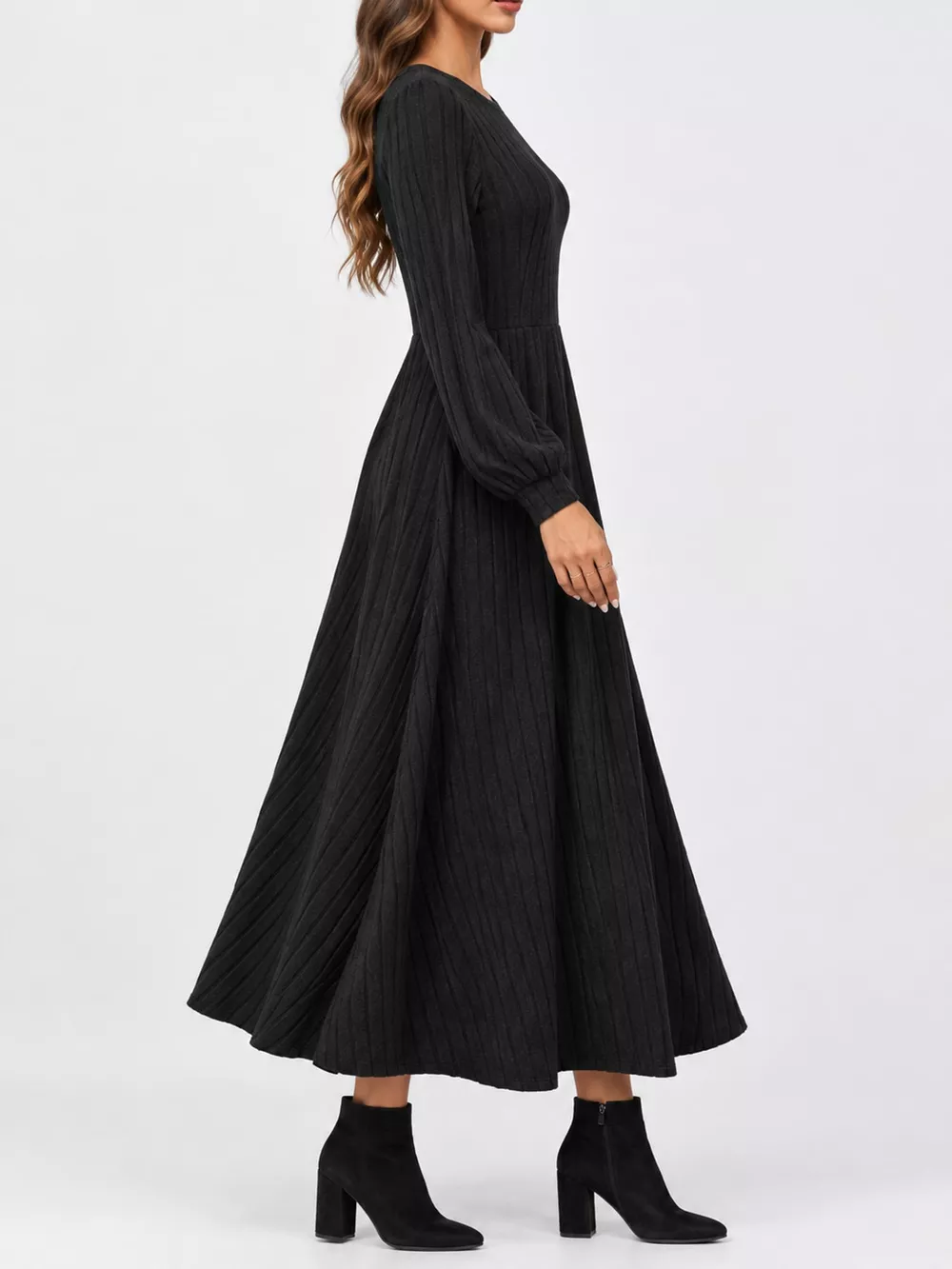 Ribbed Knit Long Sleeve A-Line Midi Dress, image 4