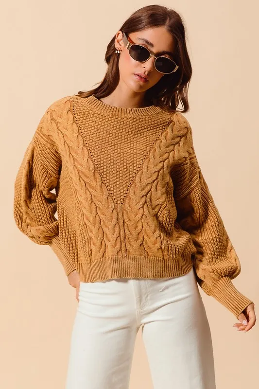 Mineral Washed Loose Fit Textured Cable Sweater, image 7