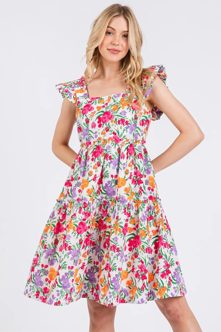 Flower Print Ruffle Shoulder A-line Mini Dress, image 2
