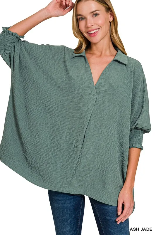 Airflow Collar Tee with Smocked Sleeve Band Top, image 3