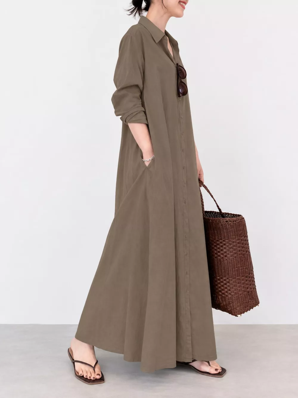 Full Size Button Front Long Sleeve Maxi Shirt Dress Plus Size, image 40