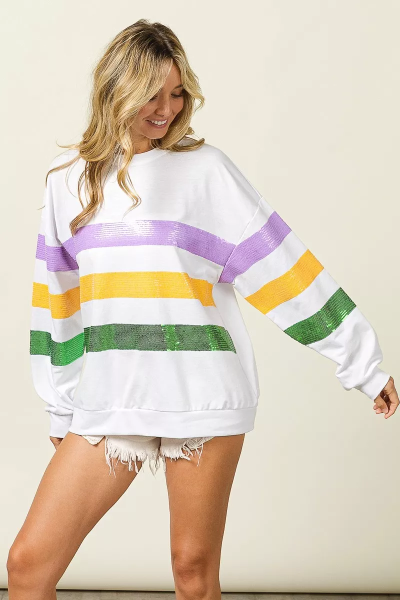 Sequin Mardi Gras Striped Round Neck Sweatshirt, image 4