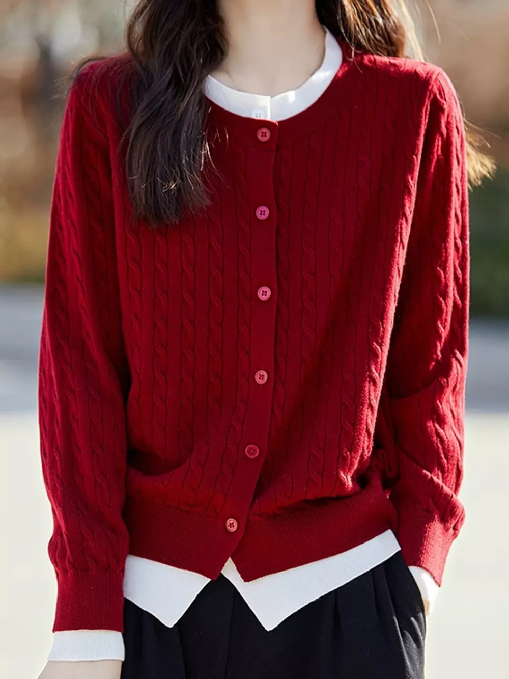 Cable-Knit Button-Down Cardigan, image 2