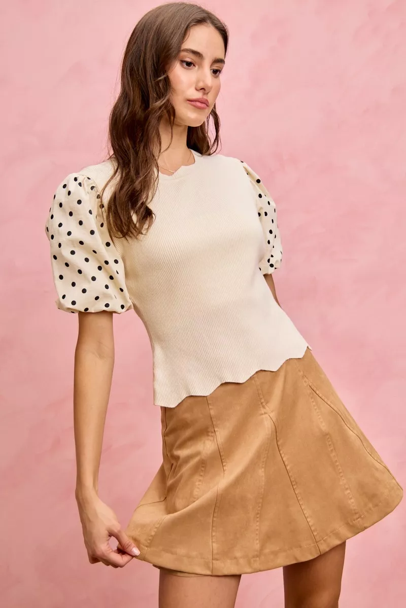 Polka Dot Contrast Woven Ballon Sleeve Blouse, image 5
