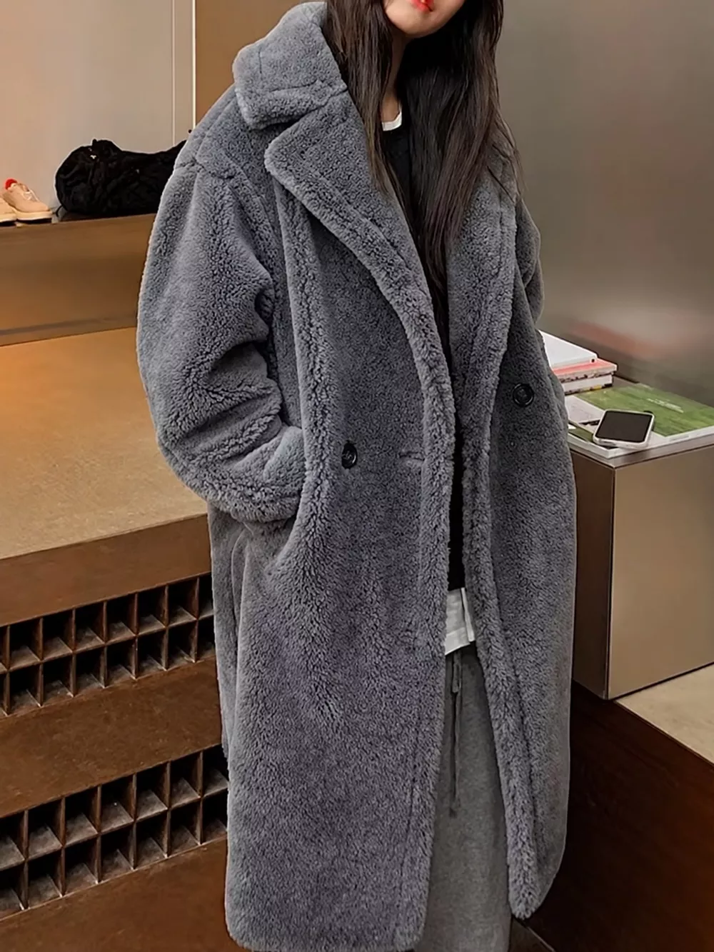 Double-Breasted Fuzzy Longline Outerwear