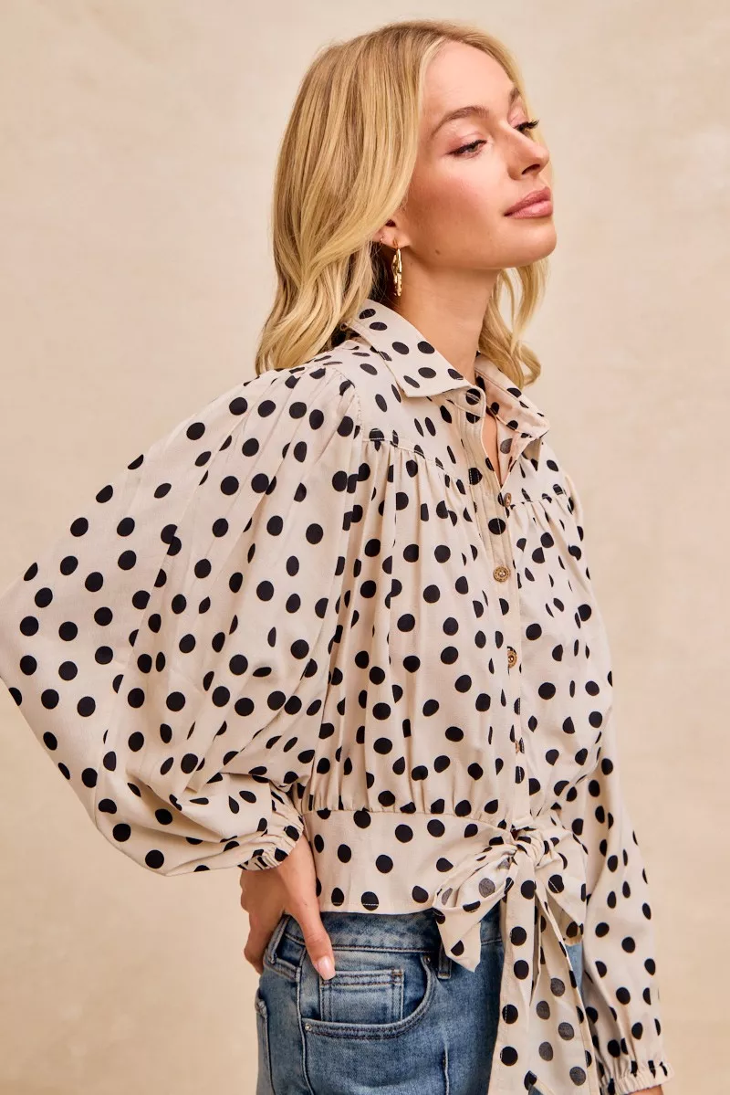 Polka Dot Print Tie Hem Detail Crop Shirt, image 5