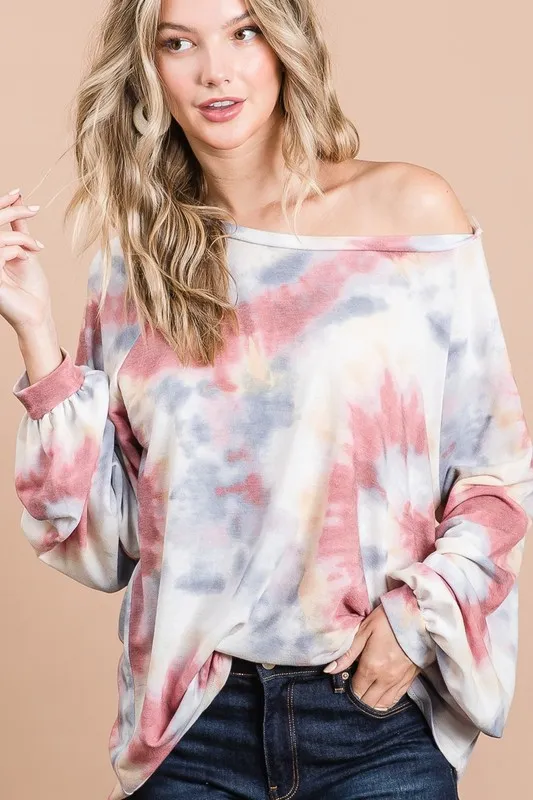 Tie Dye Print Terry Top With Puff Sleeves, image 2