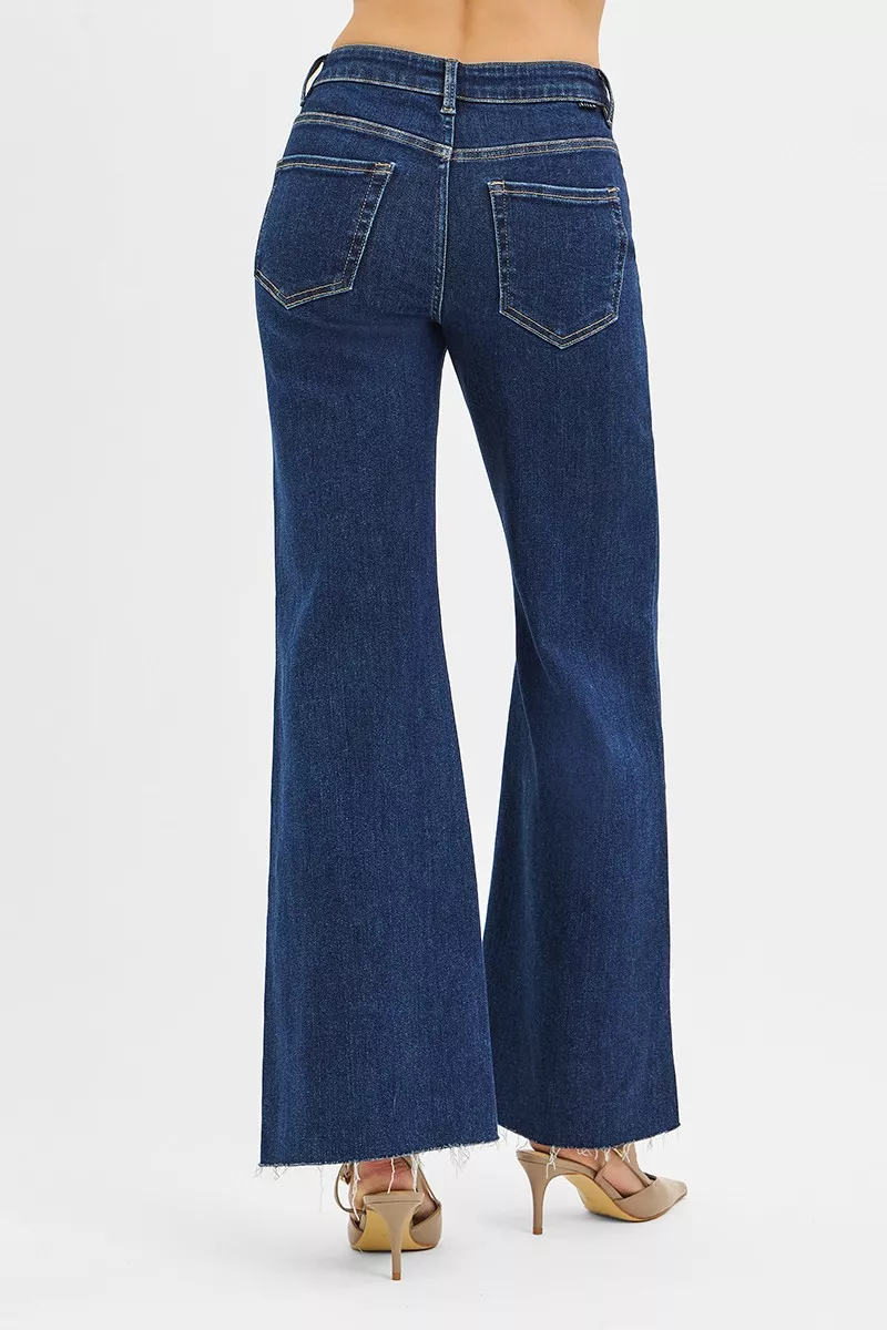 High Rise Wide Flare Jeans with Front Leather Pocket Detail, image 3