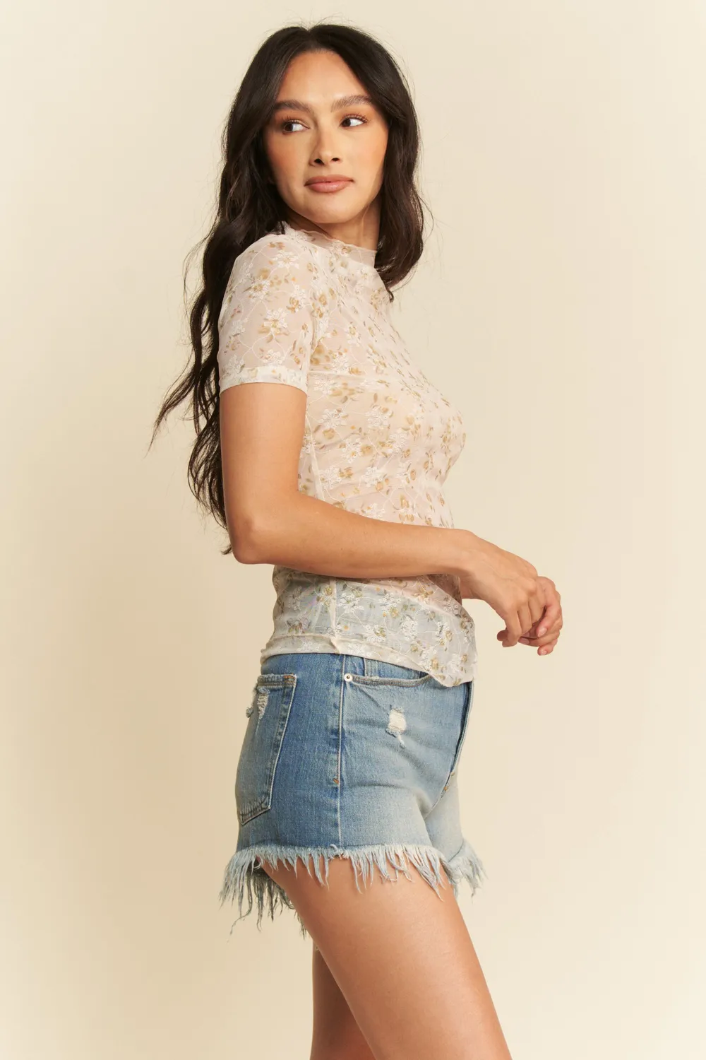 Floral Mesh Mock Neck Short Sleeve Top, image 2