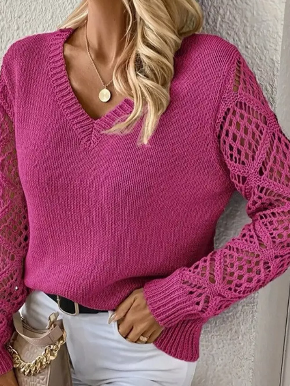 Full Size V-Neck Hollow-Out Long Sleeve Sweater Plus Size, image 15