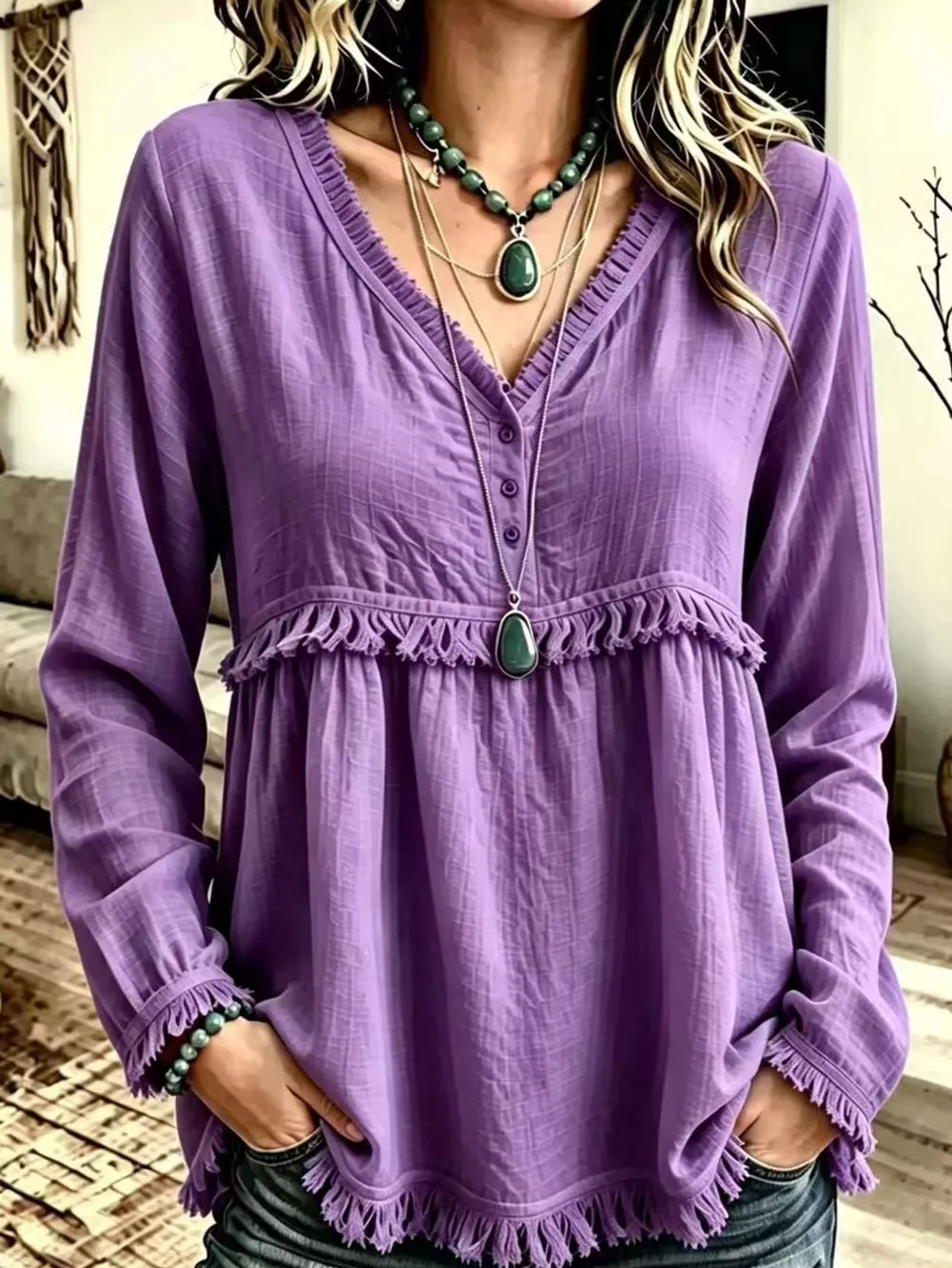 Full Size Fringed Trim V-Neck Long Sleeve Blouse Plus Size, image 34