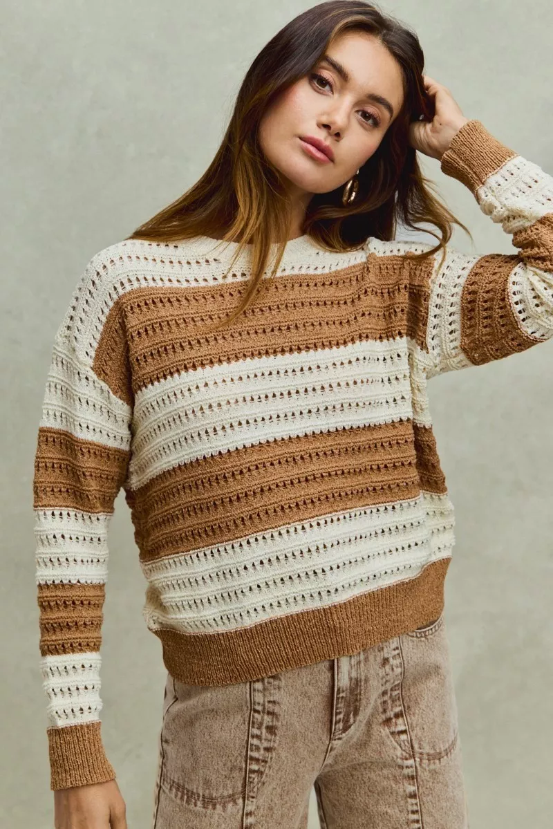 Openwork Round Neck Wide Stripe Textured Sweater, image 4