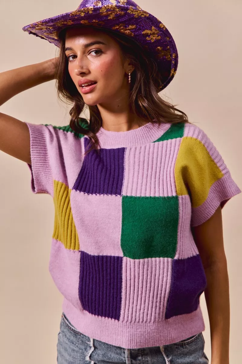 Mardi Gras Check Plaid Casual Sweater Top, image 16